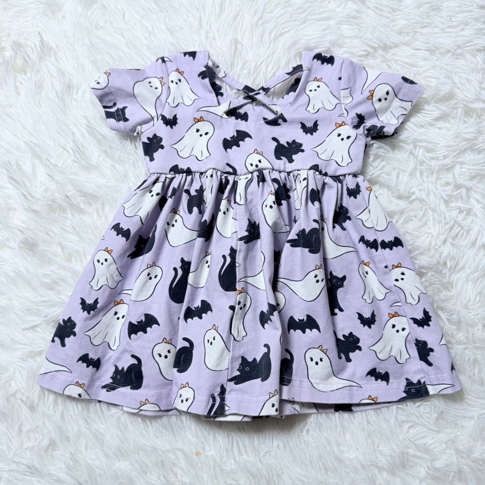 Bella & Omi Halloween Ghost Black Cat Dress 12/18M Purple Criss Cross Back - Picture 2 of 7
